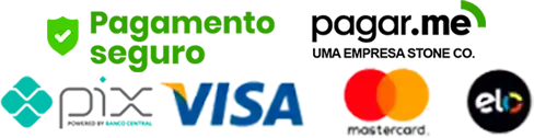 Pagamento seguro: PIX, Visa, Mastercard, Elo e Pagar.me